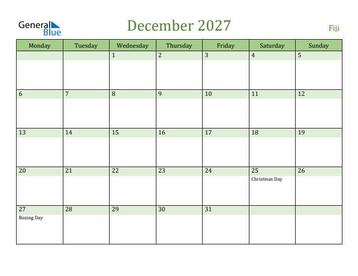 December 2027 Calendar with Fiji Holidays