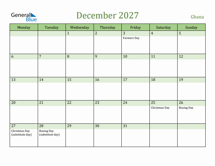 December 2027 Calendar with Ghana Holidays