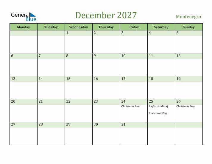 December 2027 Calendar with Montenegro Holidays