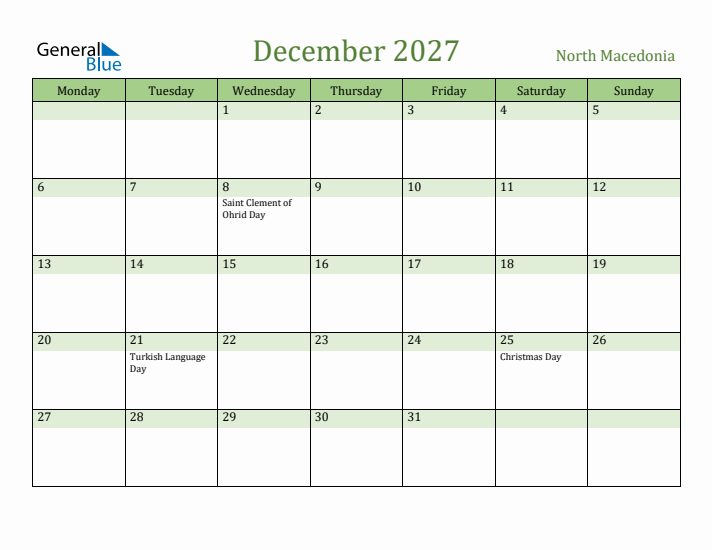 December 2027 Calendar with North Macedonia Holidays