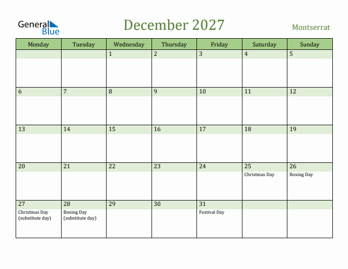 December 2027 Calendar with Montserrat Holidays