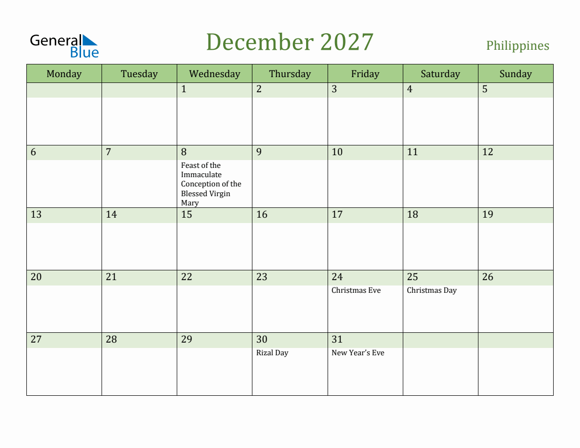 Fillable Holiday Calendar for Philippines - December 2027 (Monday Start)