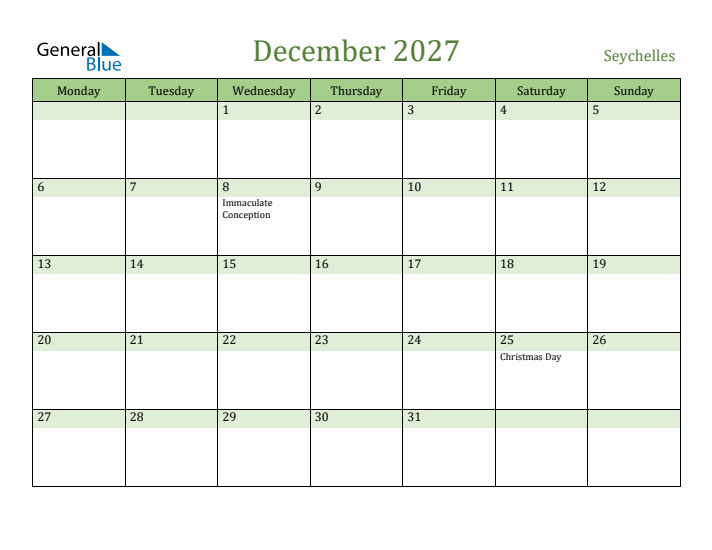 December 2027 Calendar with Seychelles Holidays