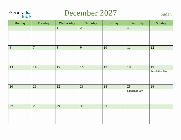 December 2027 Calendar with Sudan Holidays