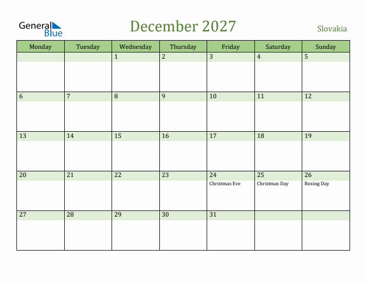 December 2027 Calendar with Slovakia Holidays
