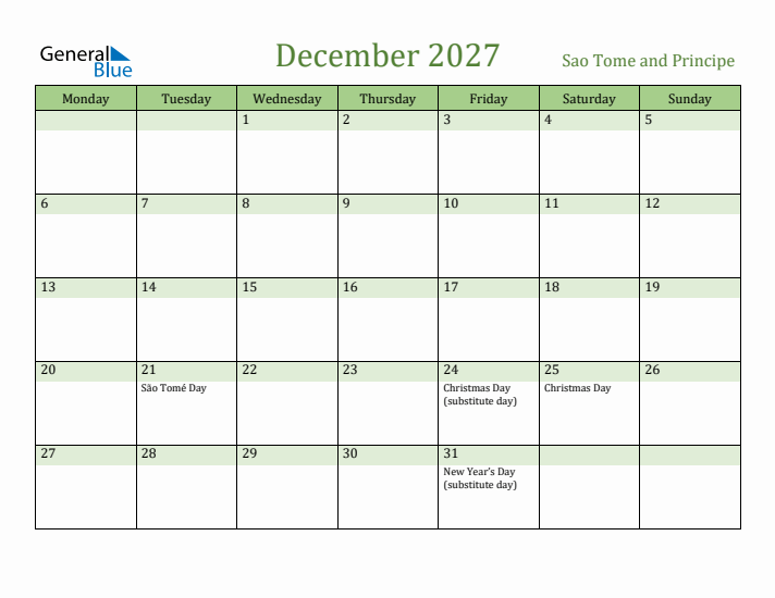 December 2027 Calendar with Sao Tome and Principe Holidays