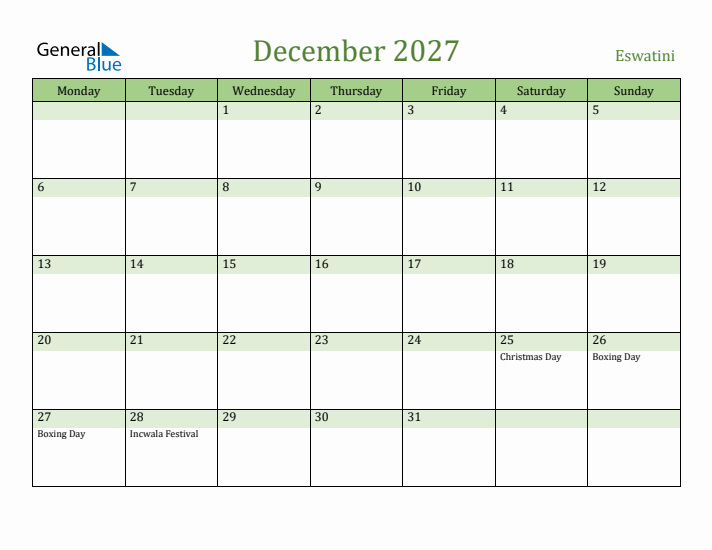 December 2027 Calendar with Eswatini Holidays