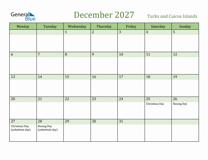 December 2027 Calendar with Turks and Caicos Islands Holidays