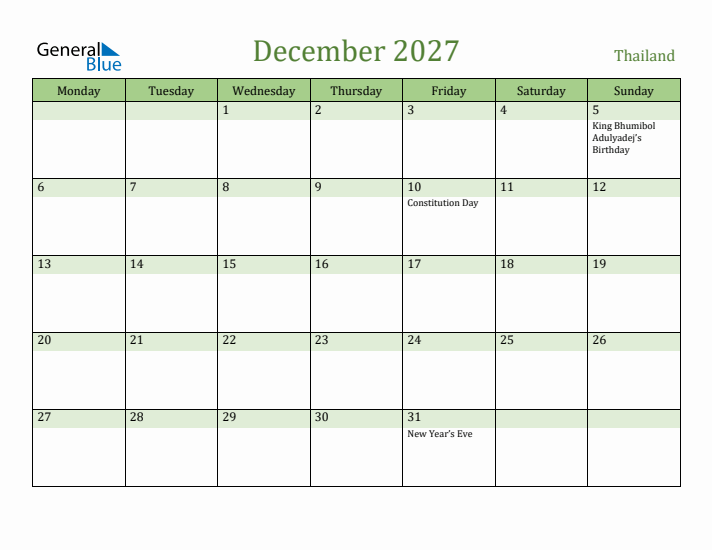 December 2027 Calendar with Thailand Holidays