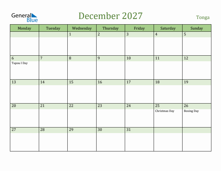 December 2027 Calendar with Tonga Holidays