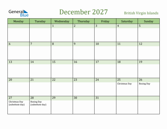 December 2027 Calendar with British Virgin Islands Holidays