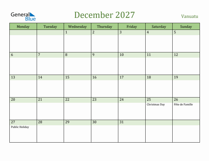 December 2027 Calendar with Vanuatu Holidays