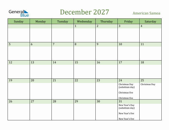 December 2027 Calendar with American Samoa Holidays
