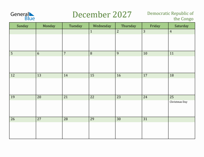 December 2027 Calendar with Democratic Republic of the Congo Holidays