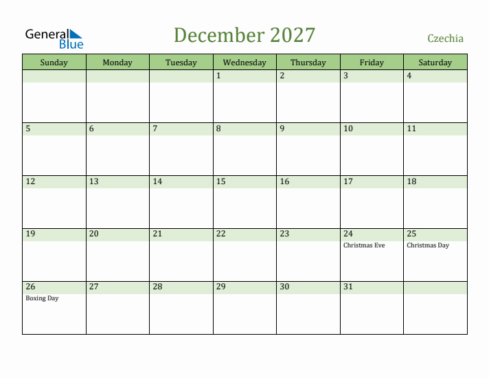 December 2027 Calendar with Czechia Holidays