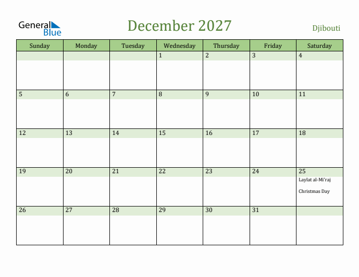 December 2027 Calendar with Djibouti Holidays