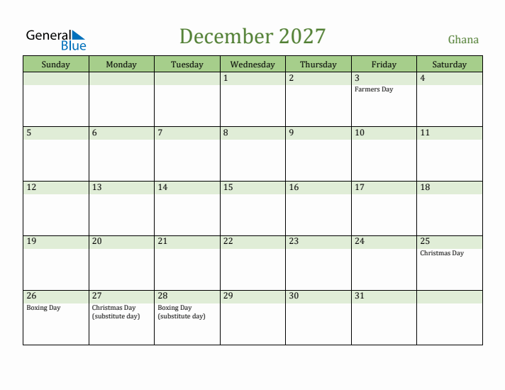 December 2027 Calendar with Ghana Holidays