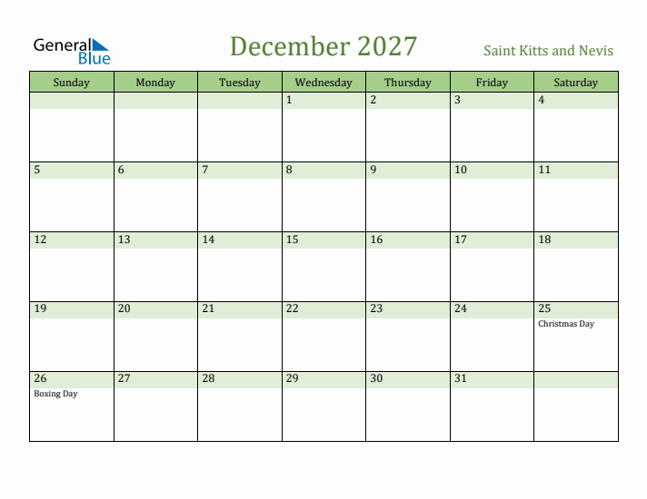 December 2027 Calendar with Saint Kitts and Nevis Holidays