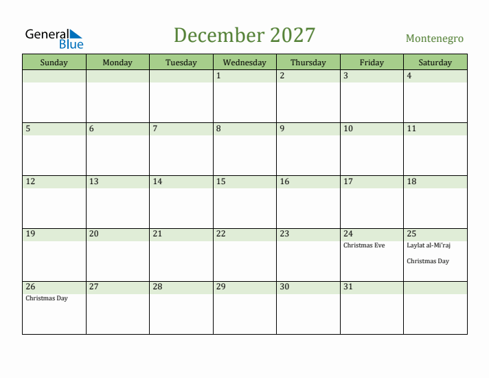 December 2027 Calendar with Montenegro Holidays