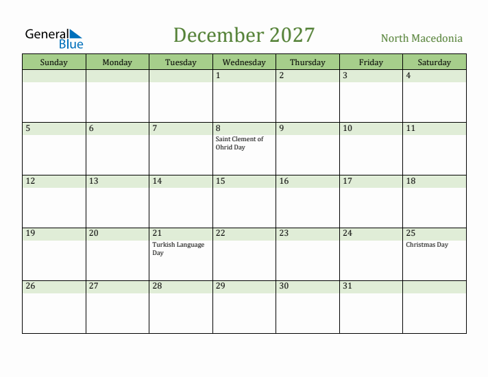 December 2027 Calendar with North Macedonia Holidays