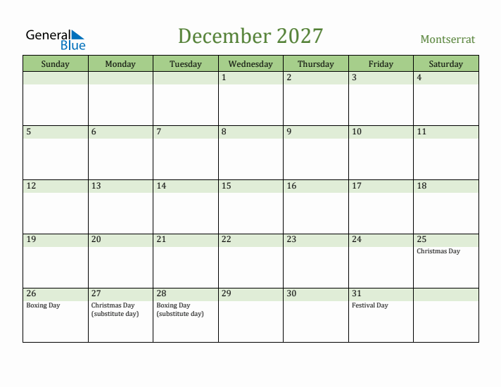 December 2027 Calendar with Montserrat Holidays