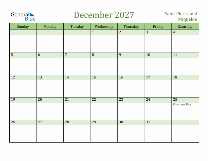 December 2027 Calendar with Saint Pierre and Miquelon Holidays