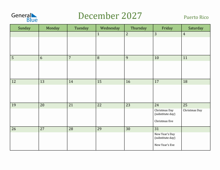 December 2027 Calendar with Puerto Rico Holidays