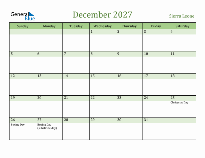 December 2027 Calendar with Sierra Leone Holidays