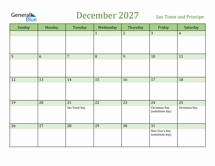 December 2027 Calendar with Sao Tome and Principe Holidays