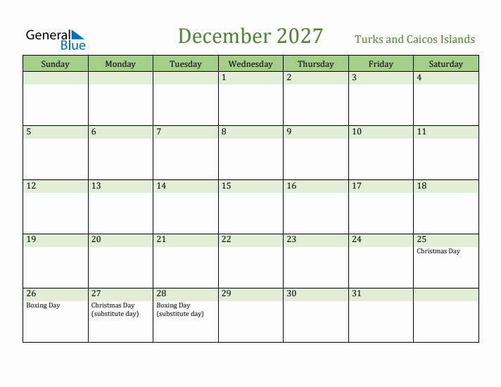 December 2027 Calendar with Turks and Caicos Islands Holidays