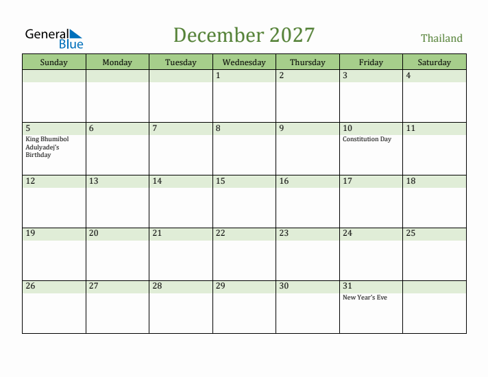 December 2027 Calendar with Thailand Holidays