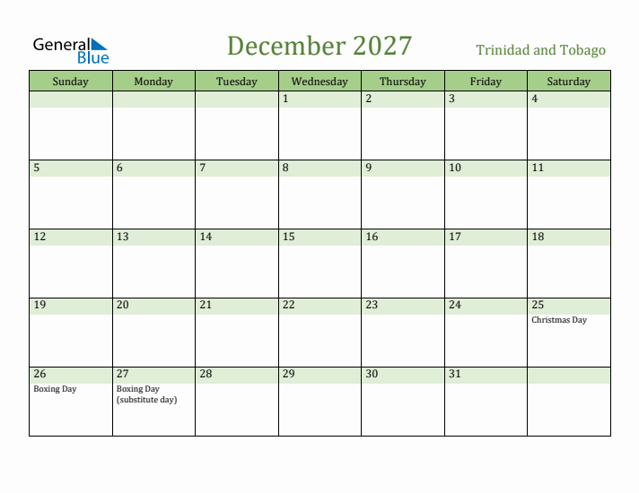 December 2027 Calendar with Trinidad and Tobago Holidays