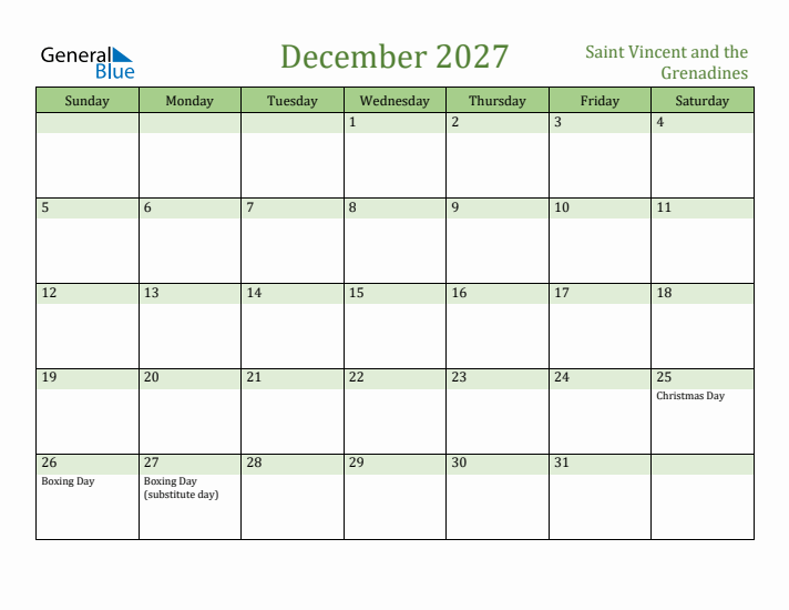 December 2027 Calendar with Saint Vincent and the Grenadines Holidays