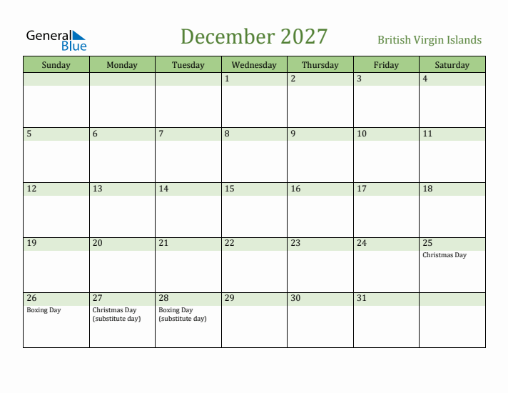 December 2027 Calendar with British Virgin Islands Holidays