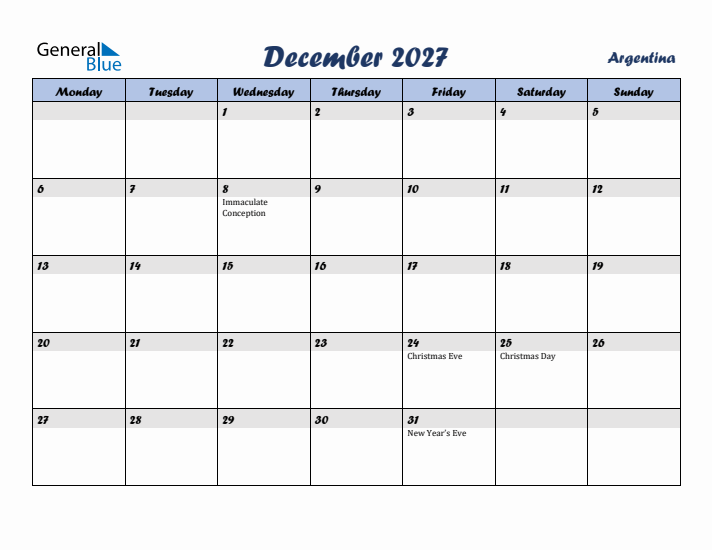 December 2027 Calendar with Holidays in Argentina