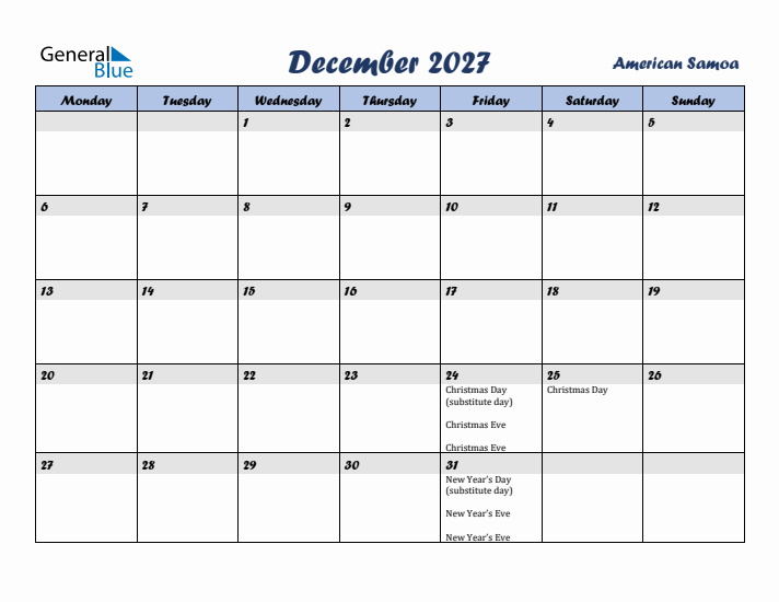 December 2027 Calendar with Holidays in American Samoa