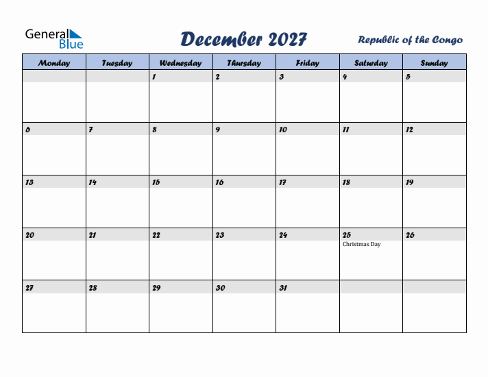 December 2027 Calendar with Holidays in Republic of the Congo