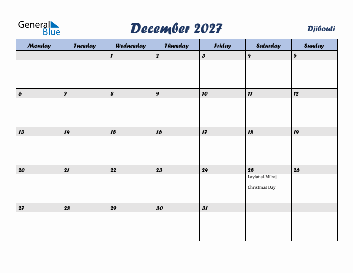 December 2027 Calendar with Holidays in Djibouti