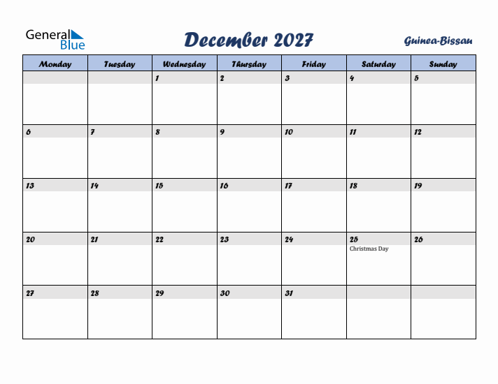 December 2027 Calendar with Holidays in Guinea-Bissau