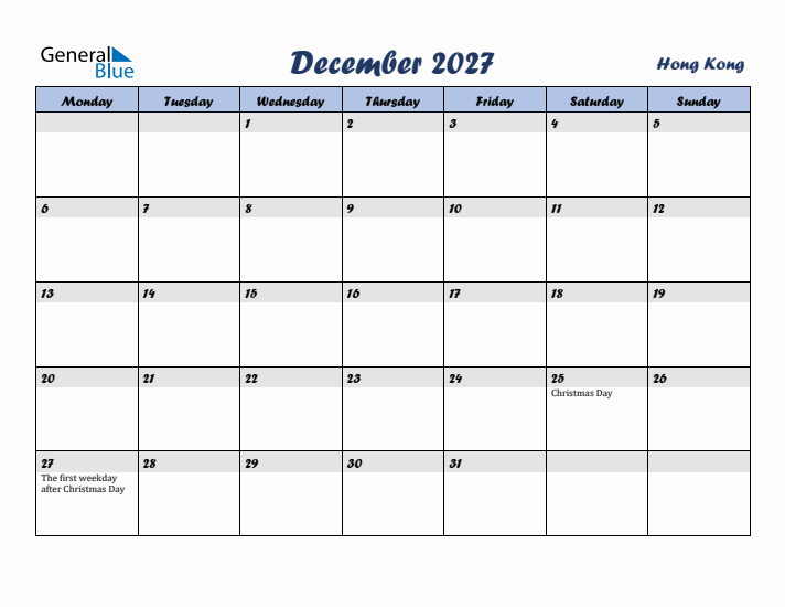 December 2027 Calendar with Holidays in Hong Kong