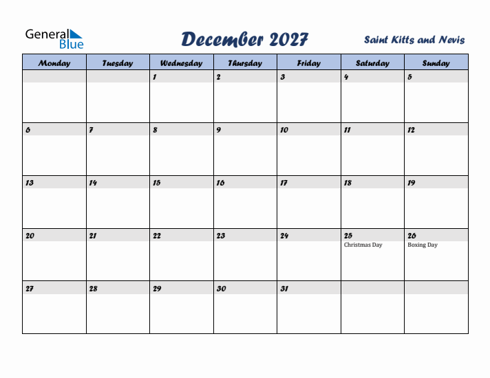 December 2027 Calendar with Holidays in Saint Kitts and Nevis