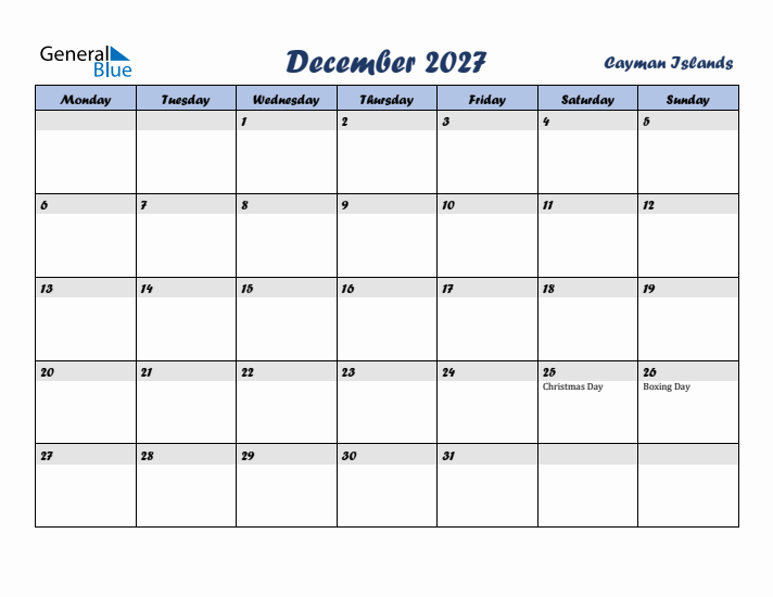 December 2027 Calendar with Holidays in Cayman Islands