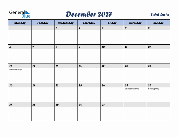 December 2027 Calendar with Holidays in Saint Lucia
