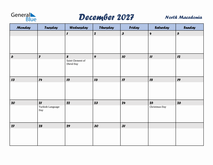 December 2027 Calendar with Holidays in North Macedonia