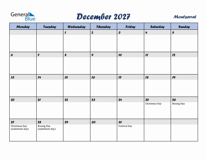 December 2027 Calendar with Holidays in Montserrat