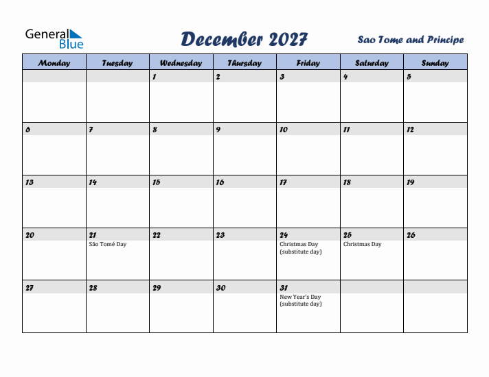 December 2027 Calendar with Holidays in Sao Tome and Principe