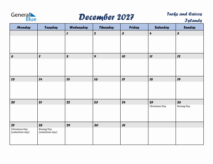 December 2027 Calendar with Holidays in Turks and Caicos Islands