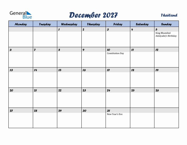 December 2027 Calendar with Holidays in Thailand