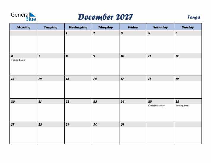 December 2027 Calendar with Holidays in Tonga