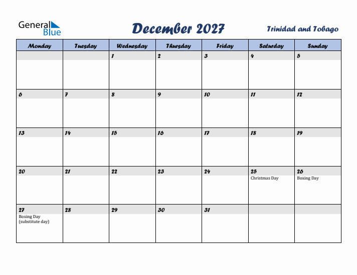 December 2027 Calendar with Holidays in Trinidad and Tobago